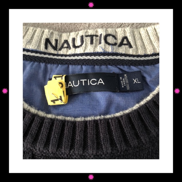 MEN’S NAVY BLUE SWEATER WITH WHITE TRIM ON CUFFS, NECK & BOTTOM BY NAUTICA XL - Picture 3 of 7